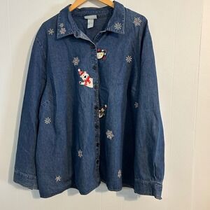 Liz & Me Denim Shirt Polar Bear Snowman Penguin Embroidery Christmas Size 3X